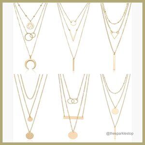 6 Piece Layered Y Pendant Necklace Set Gold Plated Alloy
